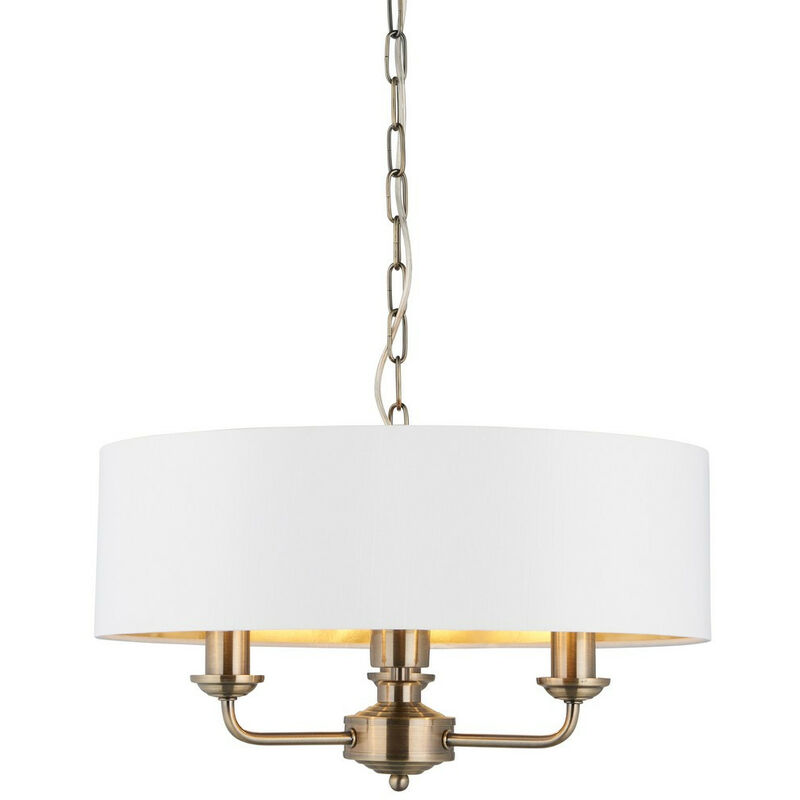 Endon - Highclere Plafonnier suspendu à un seul abat-jour, plaque en laiton antique, tissu blanc vintage