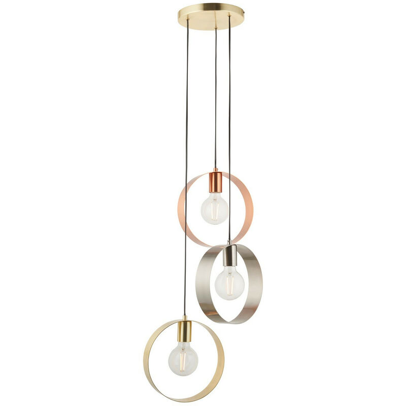 Image of Hoop - Sospensione a soffitto a grappolo con 3 luci in ottone spazzolato e nichel spazzolato, attacco E27 - Endon