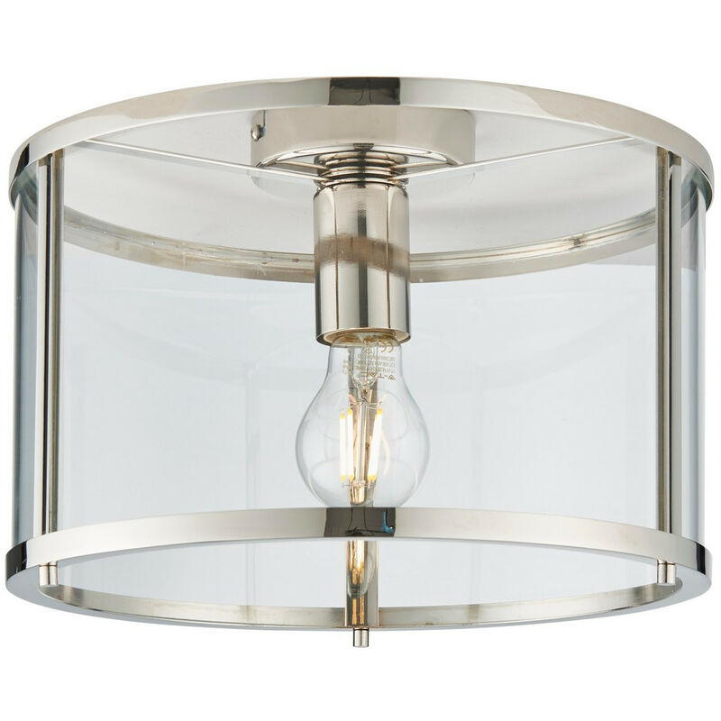 Endon Hopton Cylindrical Ceiling Light Bright Nickel, Clear Glass Shade