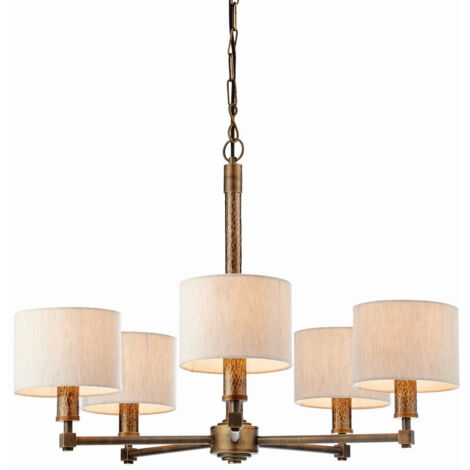 Endon Indara - Pendente multibraccio a 5 luci in bronzo invecchiato, placca in bronzo martellato invecchiato, E14