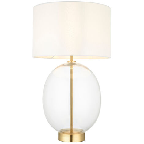 Endon Kelda Oval Lampe de table avec abat-jour rond en laiton satiné, verre transparent avec tissu blanc vintage, 1x E27