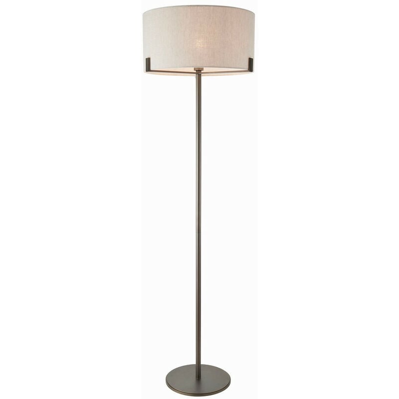 Image of Lighting Hayfield - Lampada da Terra Effetto Bronzo Spazzolato Piatto & Lino Naturale 1 Luce IP20 - E27 - Endon