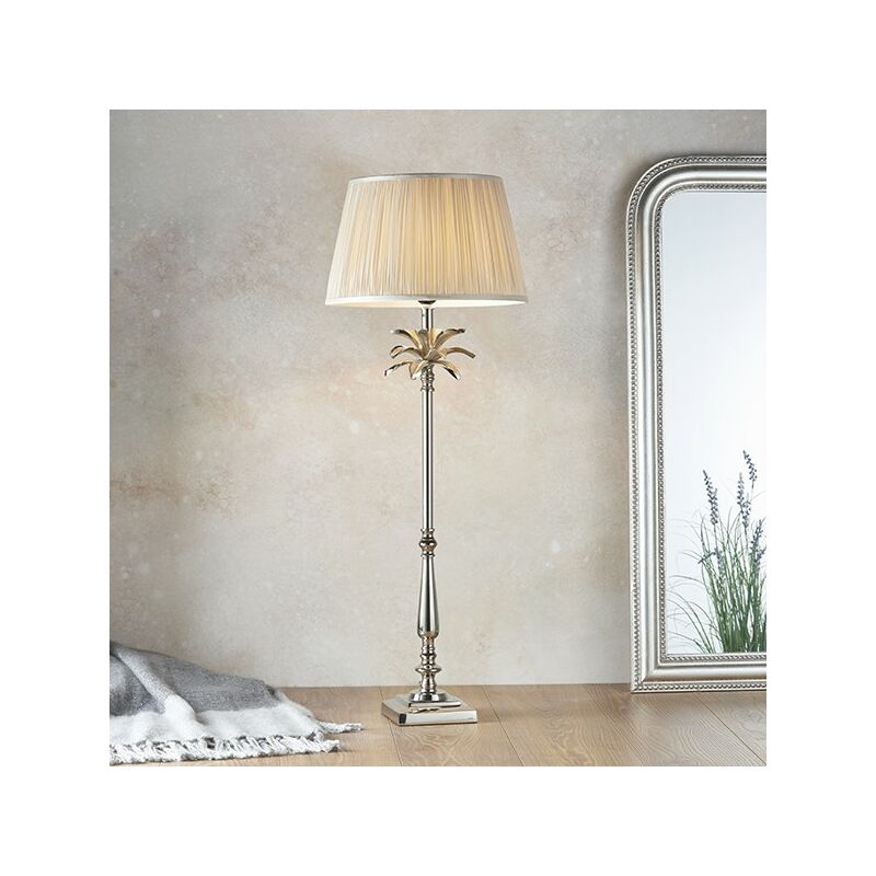 Leaf & Freya - Table Lamp Polished Nickel Plate & Oyster Silk 1 Light IP20 - E27 - Endon Lighting