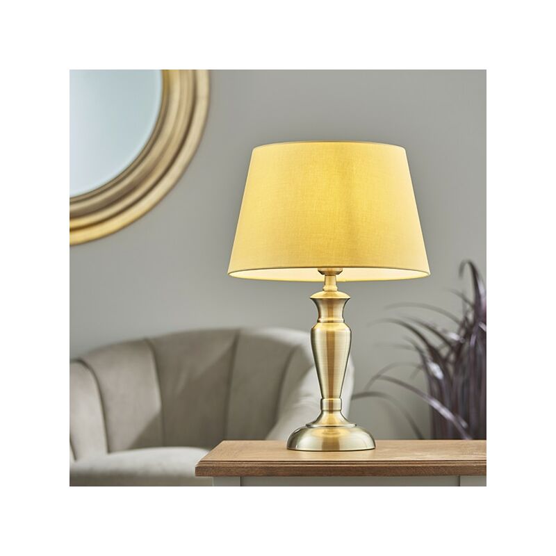 Endon Lighting - Oslo & Evie - Table Lamp Antique Brass Plate & Yellow Cotton 1 Light IP20 - E27