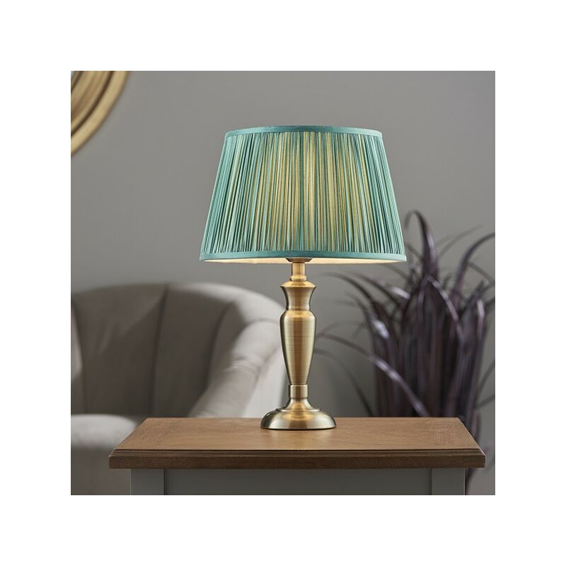 Oslo & Freya - Table Lamp Antique Brass Plate & Fir Silk 1 Light IP20 - E27 - Endon Lighting