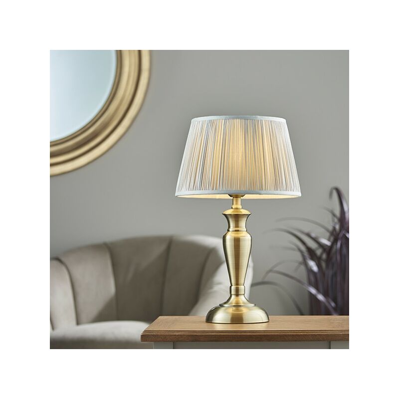 Oslo & Freya - Table Lamp Antique Brass Plate & Silver Silk 1 Light IP20 - E27 - Endon Lighting