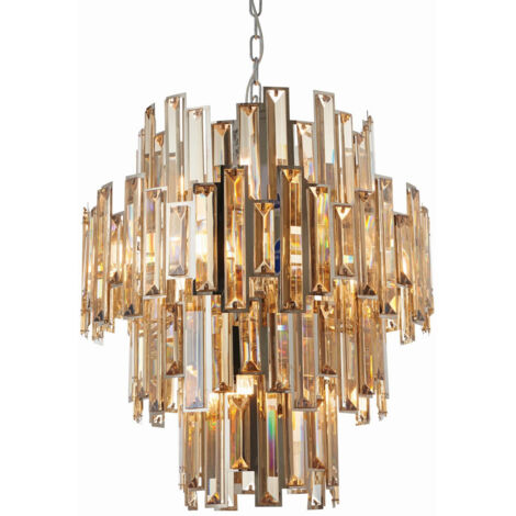 Endon Lighting Viviana - Pendentif Plaque Effet Chrome & Cristal Champagne (K9) Drops 12 Lumière Dimmable IP20 - E14