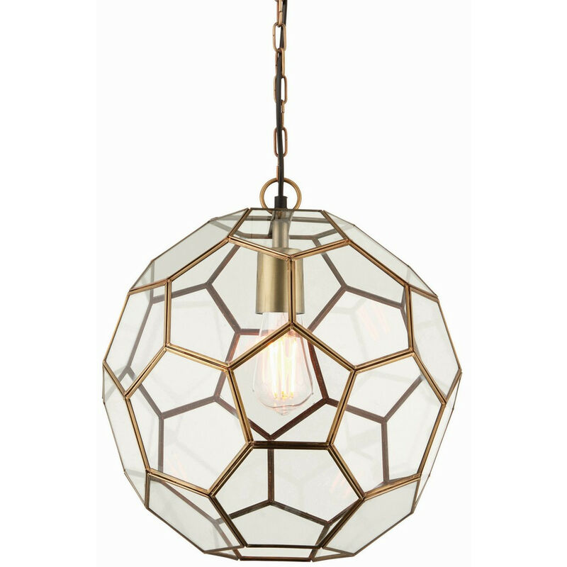 Image of Miele - Sospensione da soffitto a 1 luce sferica in ottone antico, vetro, attacco E27 - Endon