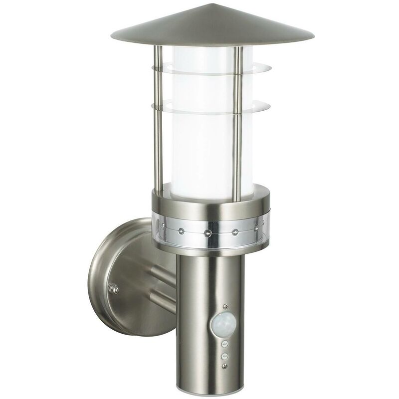 Endon Pagoda Pir - PIR 1 Light Outdoor Wall Light Brushed Stainless Steel, Frosted Polycarbonate IP44, E27