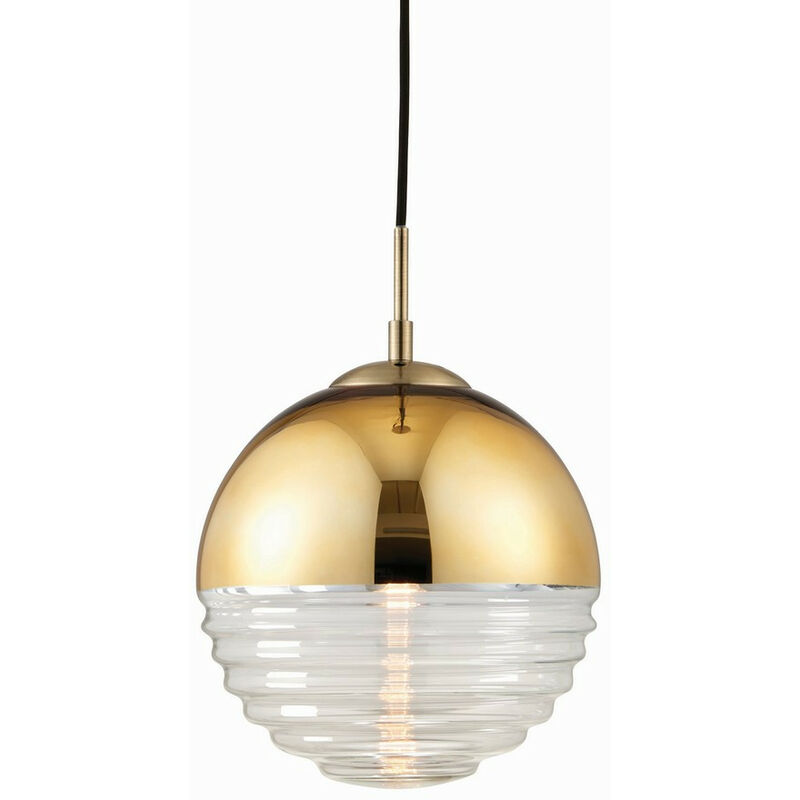 Image of Paloma - Sospensione a soffitto a 1 globo di luce in vetro rigato trasparente, effetto dorato, attacco E14 - Endon