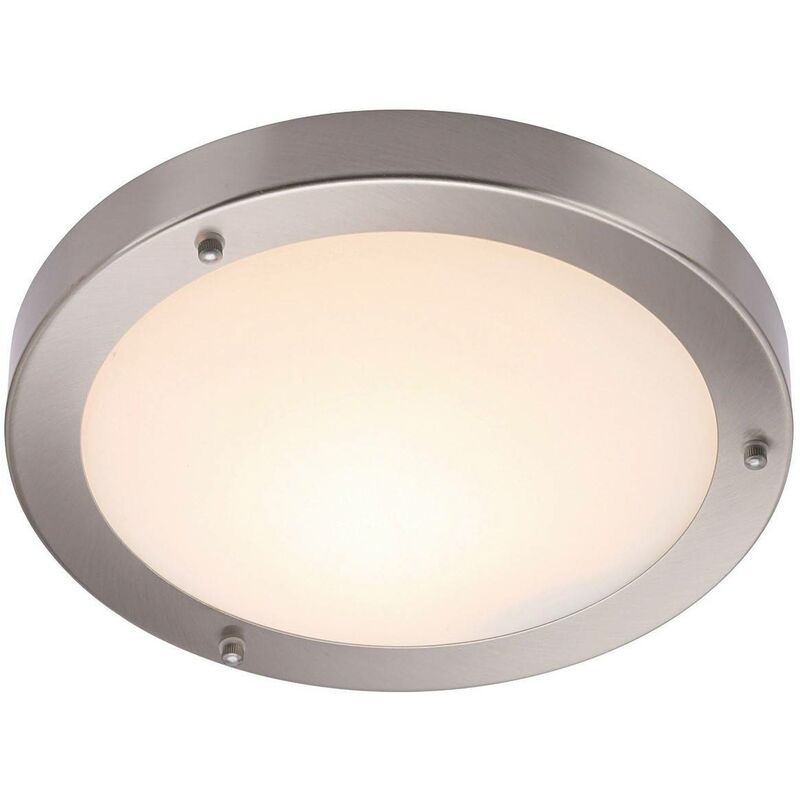 Endon Portico - Bathroom Flush Ceiling Light Frosted Glass, Satin Nickel IP44, E27