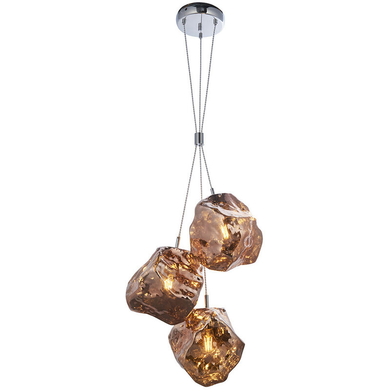 Endon Rock Modern Contemporary 3 Light Cluster Pendant Metallic Copper Glass Shade Chrome Plated