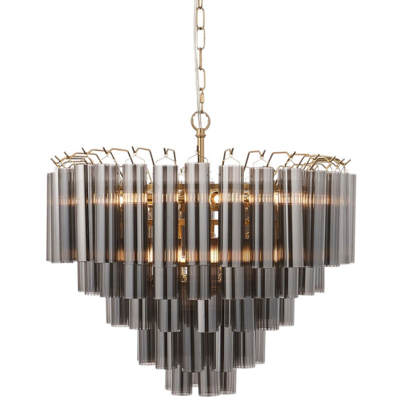 Toulouse Plafonnier suspendu en laiton satiné, verre lustré gris fumé, 12 x G9 - Endon Toulouse Plafonnier suspendu en laiton satiné, verre lustré gris fumé, 12 x G9 - Endon