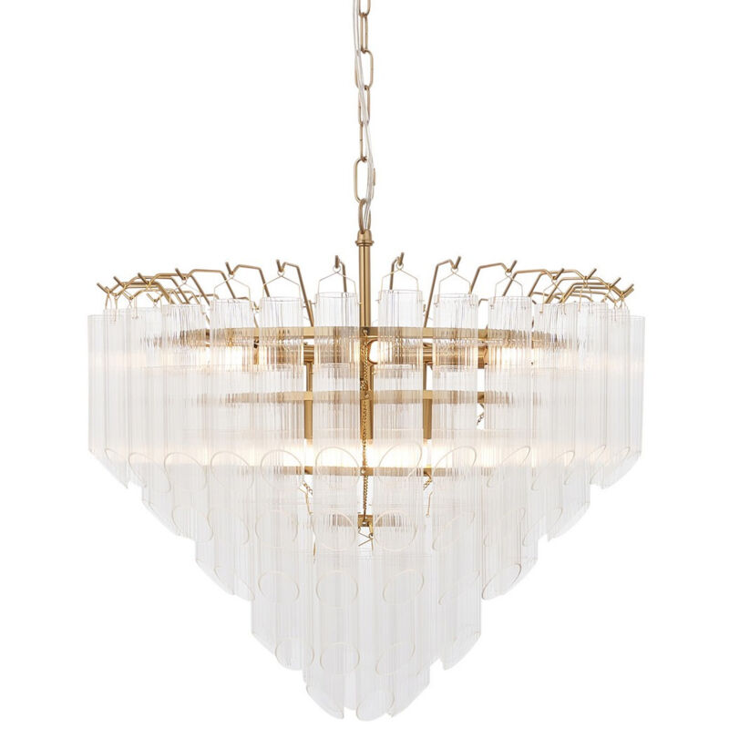 Toulouse Plafonnier suspendu en laiton satiné, verre strié transparent, 12 x G9 - Endon Toulouse Plafonnier suspendu en laiton satiné, verre strié transparent, 12 x G9 - Endon