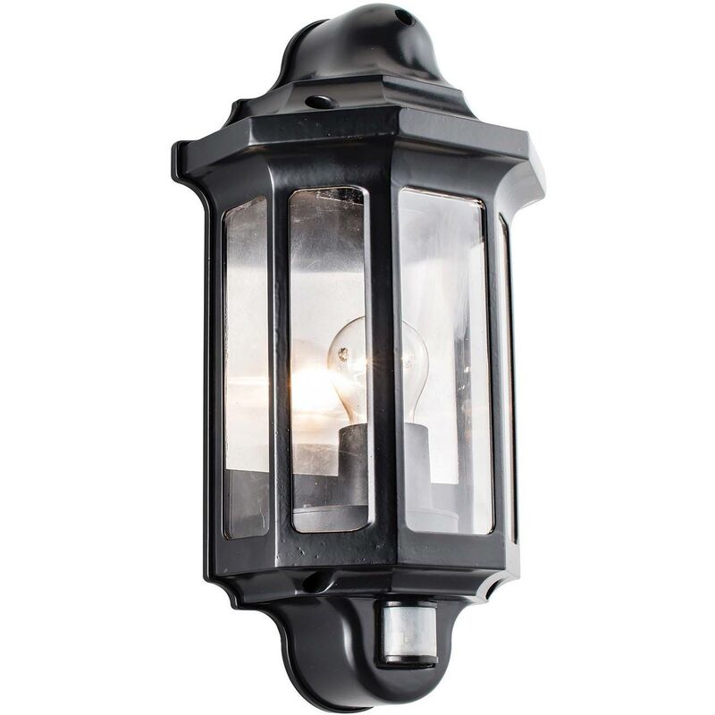 Endon Lighting - Endon Traditional Pir - PIR Outdoor Wall Lantern Satin Black Paint, Clear Polycarbonate IP44, E27