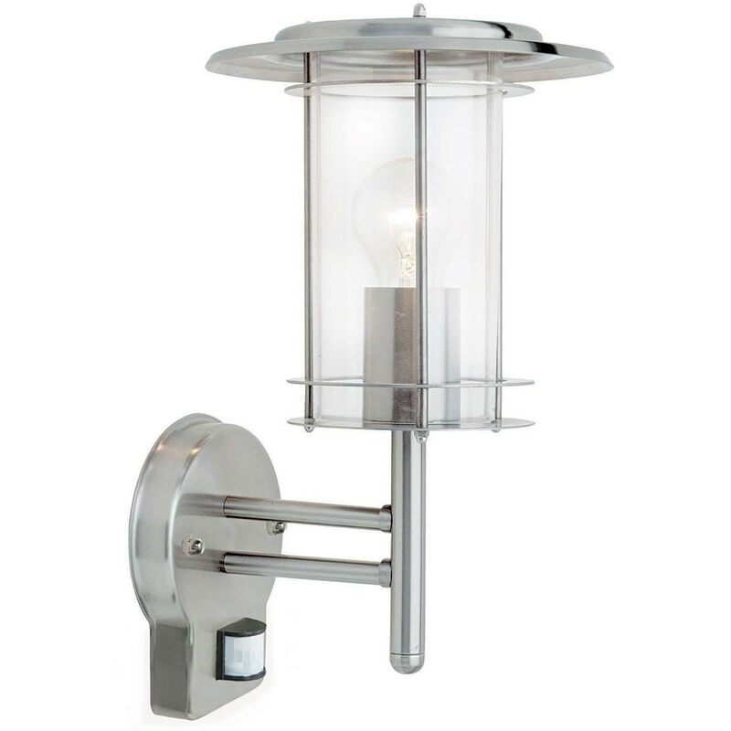 Endon York Pir - PIR 1 Light Outdoor Wall Lantern Polished Stainless Steel, Clear Polycarbonate IP44, E27