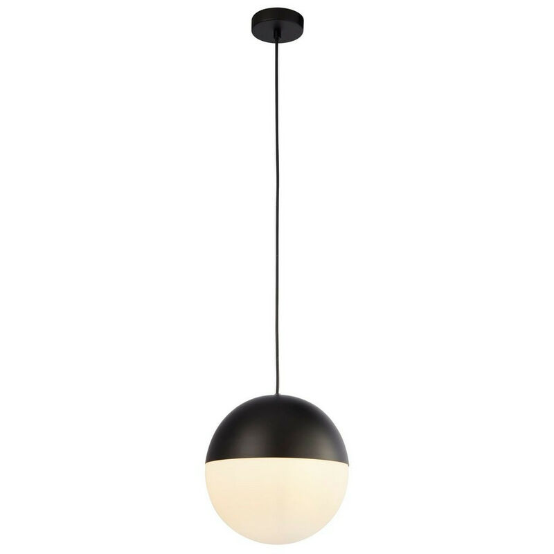 Endor 1 Light Pendant, Black Finish With Opal Glass. Dia 250mm - Searchlight