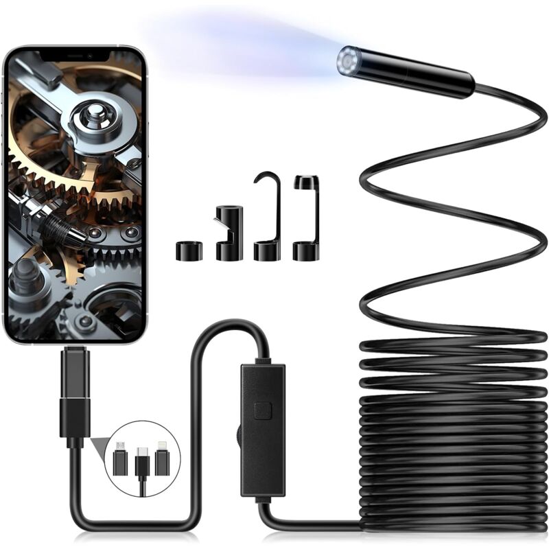 Endoscope Caméra d'inspection, Camera Endoscopique Serpent Endoscope 1080p HD, Endoscope Type C avec 8 Lumières LED, 5M Câble Semi Rigide, IP67