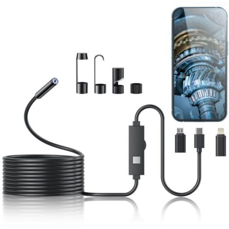 Endoscope HD 1920P - 8 LED réglables - Caméra semi-rigide - Compatible iOS et Android - Câble 5m (16,4 pieds) - Pour inspections techniques.