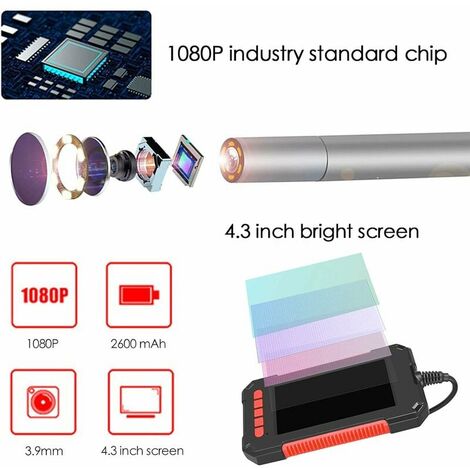Endoscope industriel, caméra d'inspection numérique HD 1080p, écran 4,3, caméra serpent étanche 5,5 mm, avec 6 lumières LED, câble semi-rigide de 10 m - Bleu