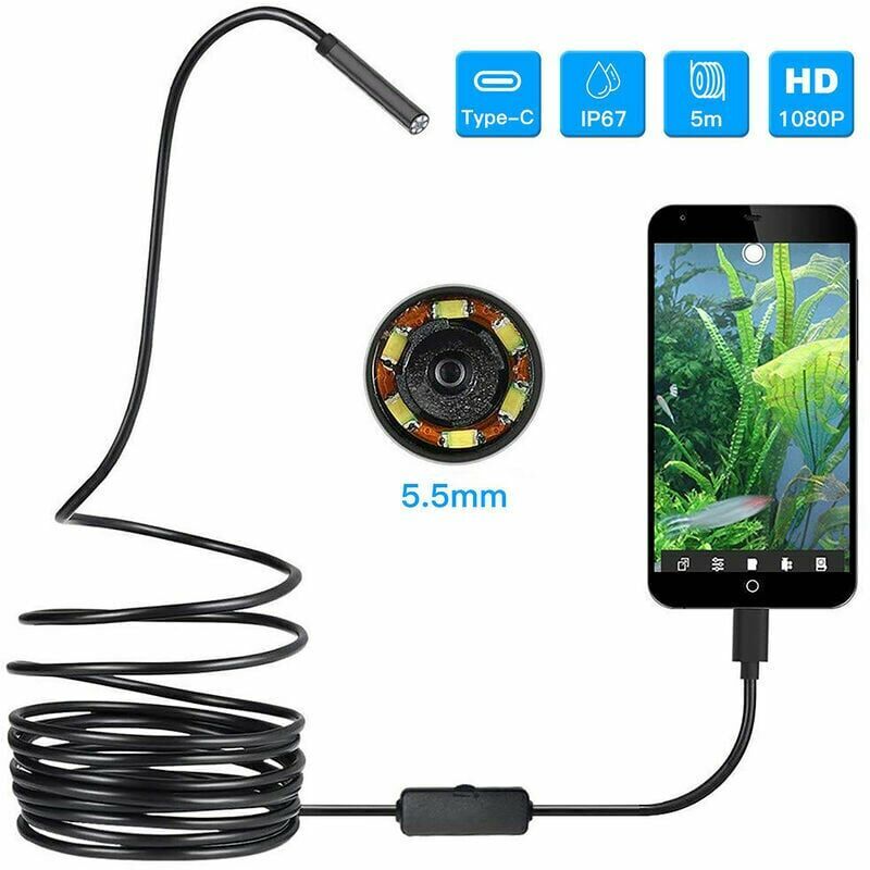 Endoscope USB 3 en 1 Endoscope 5.5mm Ultra mince et étanche Caméra Snake d'inspection Micro USB et Type C pour OTG Android, PC, ordinateurs portables