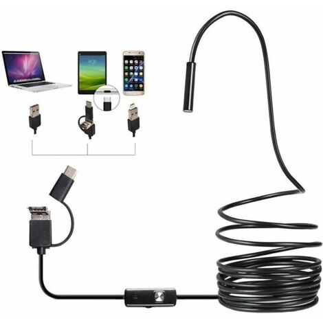 Endoscope USB 3 en 1 Slim 5,5 mm câble étanche semi-rigide caméra d'inspection caméra serpent HD IP67 avec 6 LED réglables et adaptateur USB - 5M