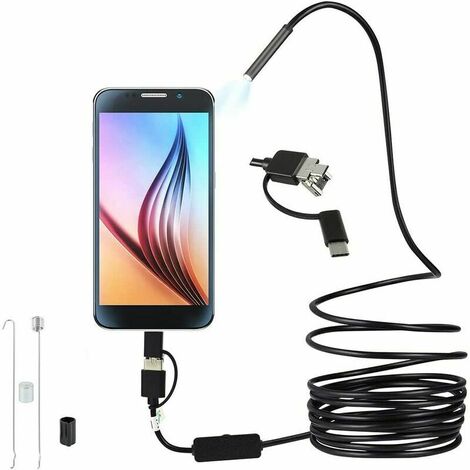 Endoscope USB 3 en 1 Ultra Mince 5,5 mm Endoscope HD Caméra d'Inspection avec 6 LED Réglables IP67 Câble Serpent Étanche Compatible avec Android Window Tablet (5M)