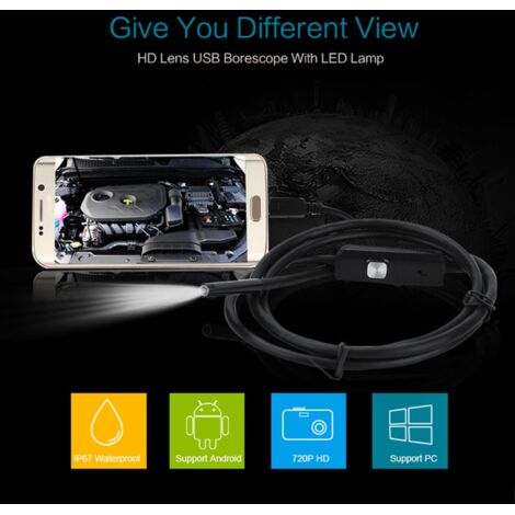 Endoscope USB 7mm avec 6 LEDs, 2M Étanche pour Android, Caméra d'Inspection Miniature