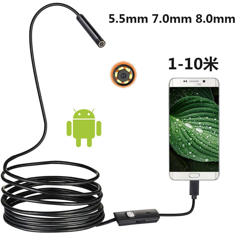 Endoscope USB Caméra Endoscopique Sonde Étanche IP67 de 5,5mm Caméras d'inspection Câble Semi-Rigide de 2m avec LED, Type-C Téléphones (câble