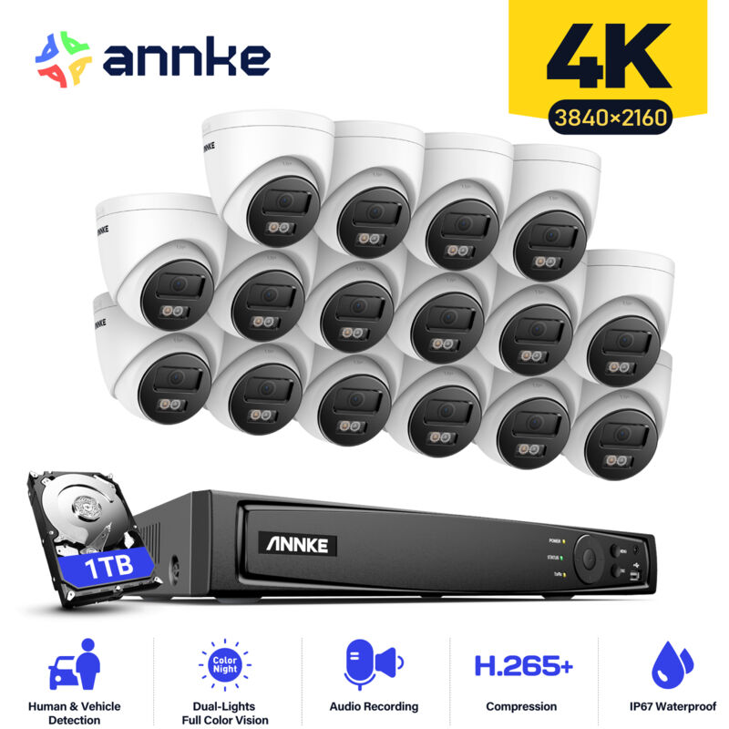 

Annke - 4K Ultra HD PoE Sistema de seguridad de video en red 16CH NVR 4K Vigilancia con compresión de video H.265 + 4K HD Torreta Cámaras IP con 16