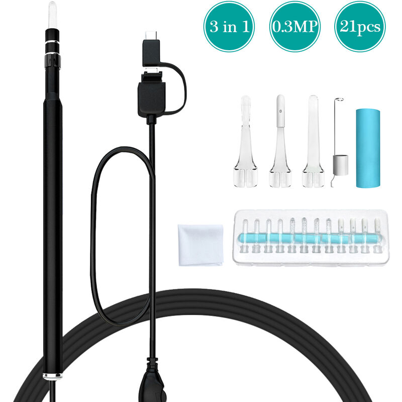 

Happyshopping - Endoscopio USB 3 en 1 para limpieza de oidos,Negro