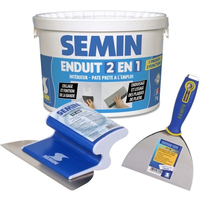 Enduit 2 en 1 Multifonctions Semin joint et lissage plaque de pâtre - seau de 7 kg, un couteau à enduire - 15 cm et une lame ce 78 pour enduire et