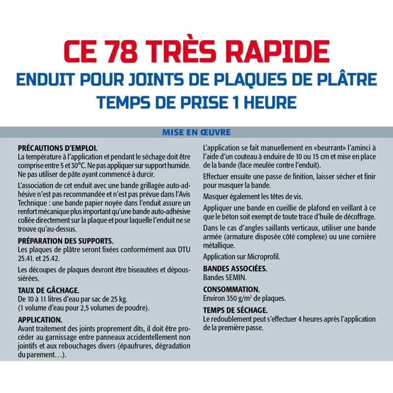 Enduit pour joint Semin CE 78, 1 heure - sac de 25 kg