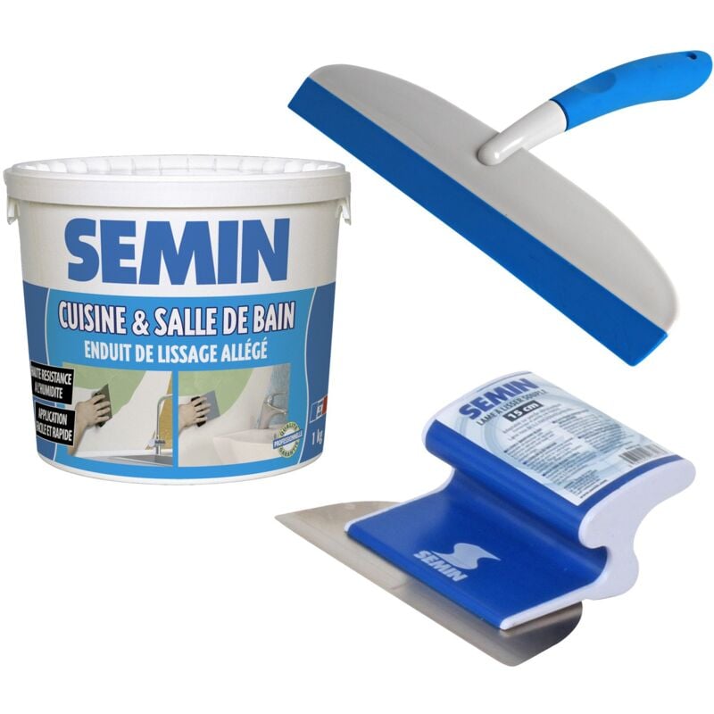 Enduit de lissage cuisine et salle de bain Semin seau de 1 kg, une lame ce 78 pour enduire et lisser - 15 cm et une raclette à lisser - 30 cm
