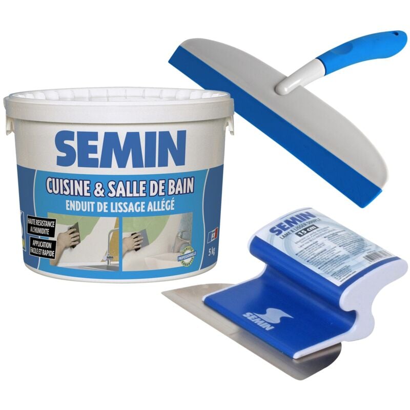 Enduit de lissage cuisine et salle de bain Semin seau de 5 kg, une lame ce 78 pour enduire et lisser - 15 cm et une raclette à lisser - 30 cm