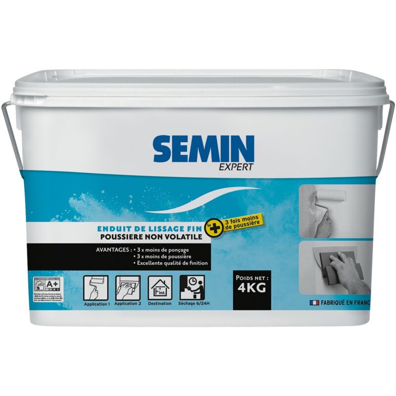 Semin - Enduit de lissage poussière maîrisée pour finition des murs 3 fois moins de ponçage pour 3 fois moins de poussière - intérieur - seau de 4 kg