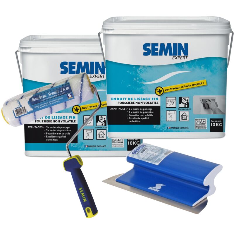 Enduit de lissage Semin Finition des Murs - Intérieur - Seau 10 kg Seau (Lot de 2), un Rouleau, 23 cm et une Lame pour Enduire et Lisser, 25 cm