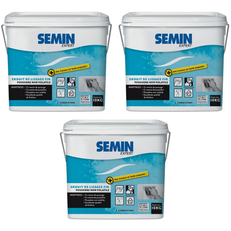 Enduit de lissage Semin Finition des Murs - Intérieur - Seau 10 kg (Lot de 3)