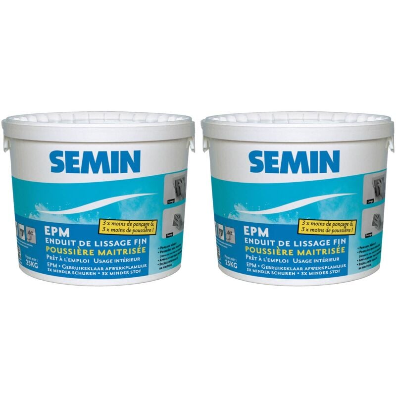 Enduit de Lissage Semin Poussière Maîtrisée - Finition des Murs - 3 Fois Moins de Ponçage - Intérieur - Seau de 25 kg (lot de 2)