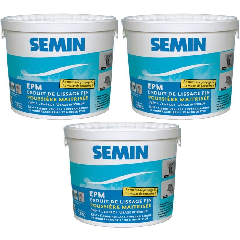 Enduit de Lissage Semin Poussière Maîtrisée - Finition des Murs - 3 Fois Moins de Ponçage - Intérieur - Seau de 25 kg (lot de 3)