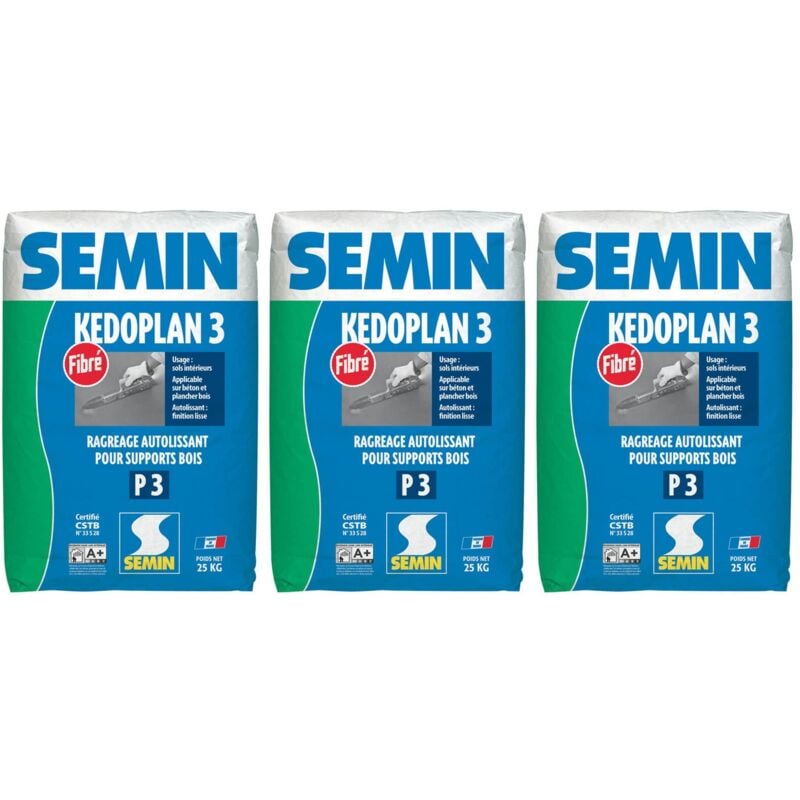 Enduit de Ragréage Autolissant Semin Kedoplan Fibré - Sol Intérieur - sac de 25 kg (lot de 3)