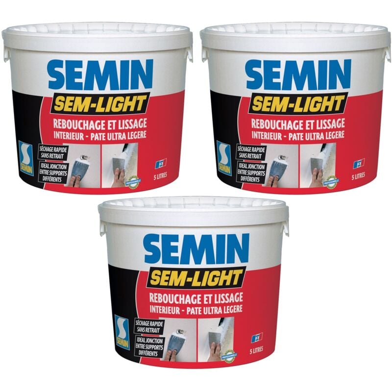 Enduit de Rebouchage Allégé pour Trous et Fissures Importants Semin Sem-Light - Intérieur - Seau de 5 l (lot de 3)