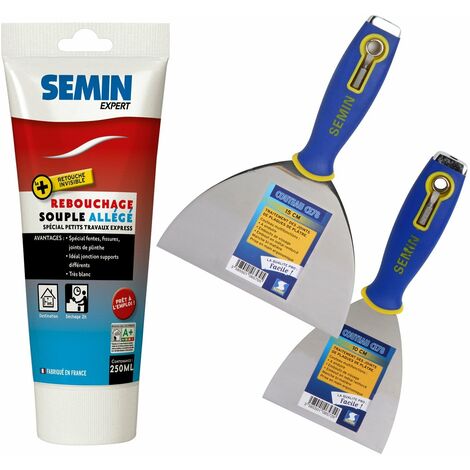 Enduit de rebouchage allégé Semin pour trous et fissures importants - Intérieur - tube de 250 ml, un couteau à enduire Multifonctions - 10 cm et un couteau à Enduire - 15 cm