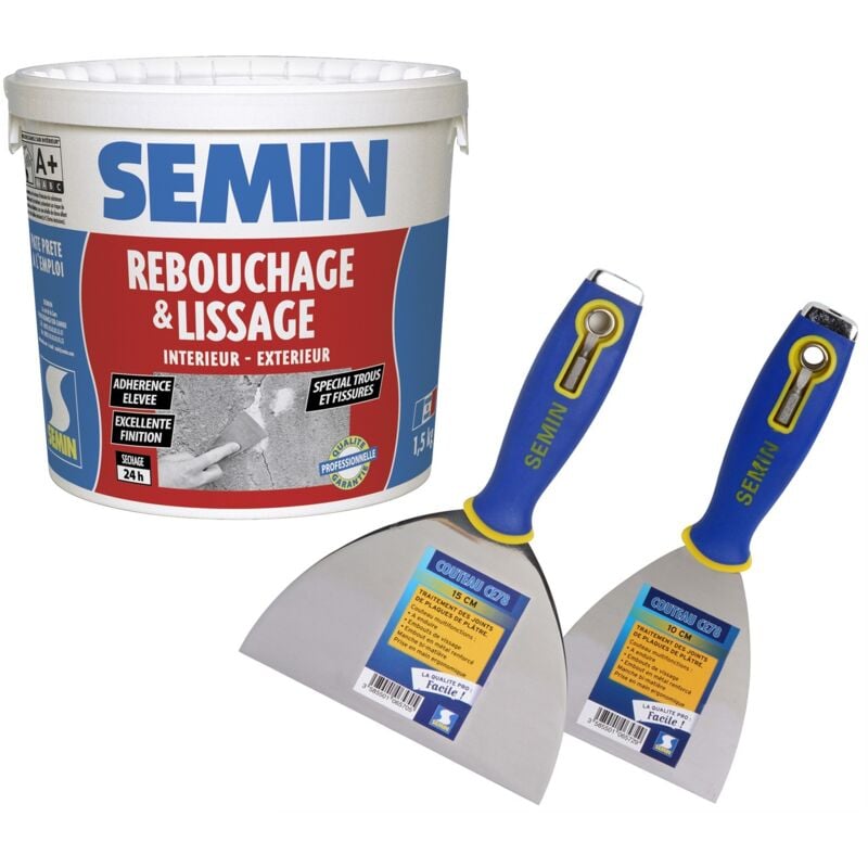 Enduit de rebouchage en pâte spécial fissures et trous de vis Semin intérieur/extérieur - Seau de 1,5 kg, un couteau à enduire - 10 cm et un couteau