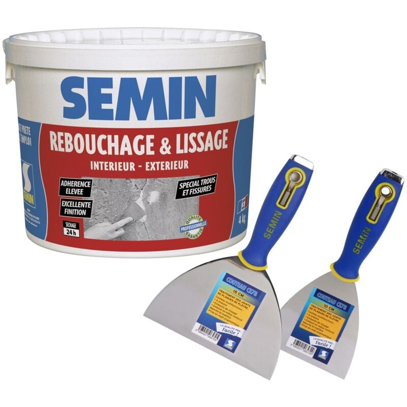 Enduit de rebouchage en pâte spécial fissures et trous de vis Semin intérieur/extérieur - Seau de 4 kg, un couteau à enduire - 10 cm et un couteau à