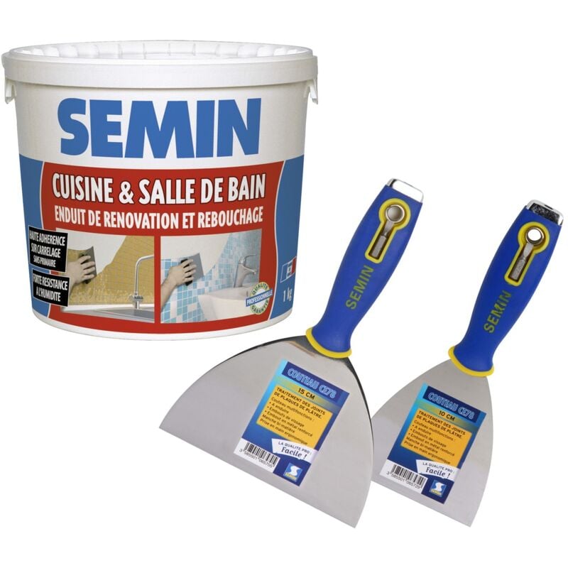 Enduit de rebouchage et rénovation spécial cuisine et salle de bain Semin seau de 1 kg, un couteau à enduire ce 78 - 10 cm et un couteau à enduire