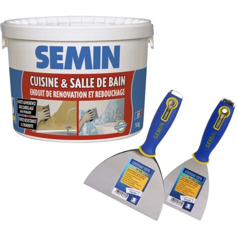 Enduit de rebouchage et rénovation spécial cuisine et salle de bain Semin - seau de 5 kg, un couteau à enduire CE 78 - 10 cm et un couteau à enduire multifonctions CE 78 - 15 cm