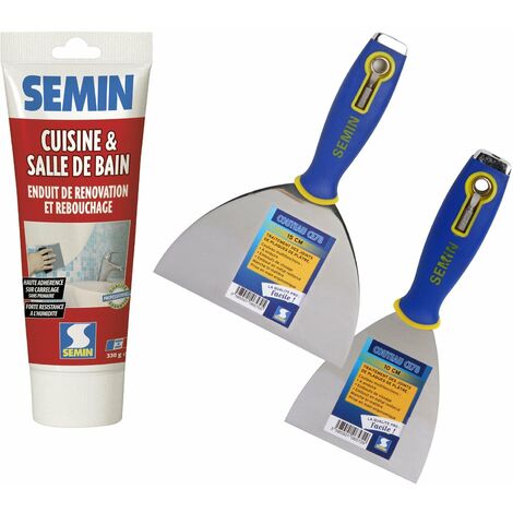 Enduit de rebouchage et rénovation spécial cuisine et salle de bain Semin - tube de 330 g, un couteau à enduire CE 78 - 10 cm et un couteau à enduire multifonctions CE 78 - 15 cm