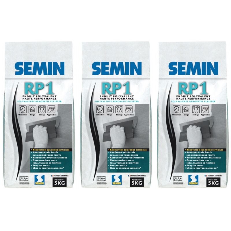 Semin - Enduit de Rénovation Polyvalent RP1 - Intérieur - Poudre - Sac 5 kg (lot de 3)