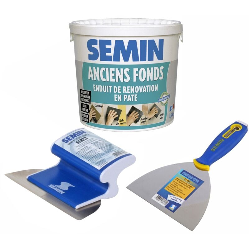 Enduit de rénovation pour les supports irréguliers Anciens Fonds Semin intérieur/extérieur - seau de 1,5 kg, un couteau à enduire - 15 cm et une lame